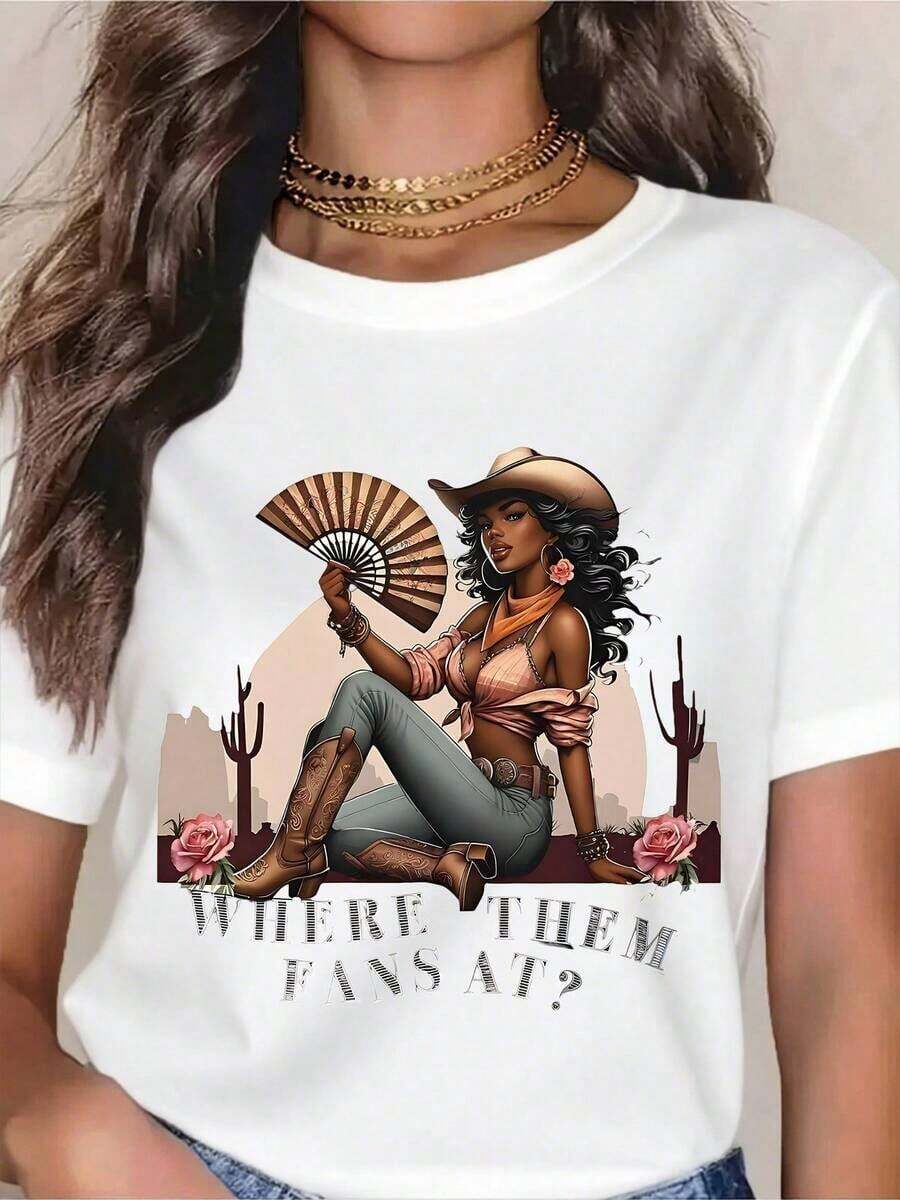 Women's Short Sleeve Graphic Tees, Western Cowboy Style Fan Tee With "Where Are The Fans?" Text, Funny Graphic Tee For Women, Desert Cowboy Style With Cactus And Rose Design, Summer Casual Outfit, Gift For Country Music And Festival Fans, Vintage Style. - 白色 - 查看 1