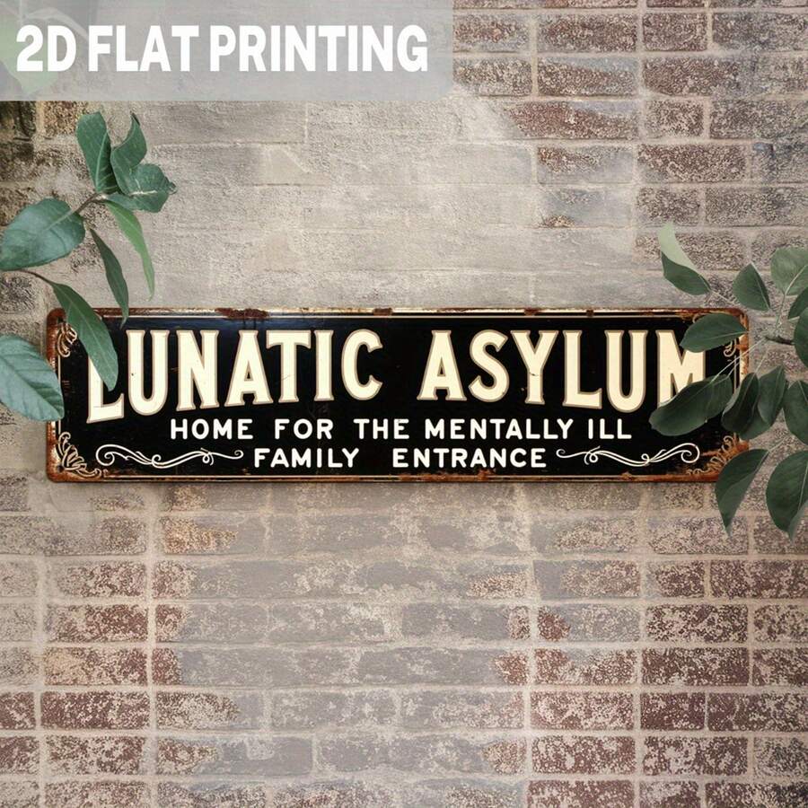 2D Flat, 1pc Vintage Asylum Iron Sign - Whistle Mental Hospital Entrance Decor With Gothic Font - Indoor/Outdoor Halloween Decoration Suitable For Haunted House, Asylum Or Horror Party - Pre-Drilled Design - No Electricity Required - Gothic Horror Decor, Gothic Style Decor, Indoor/Outdoor Decor, Rustic Wall Art, Pre-Drilled Holes As Shown In Dimension Diagram - Multicolor - View 1