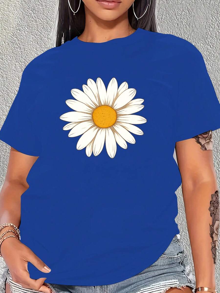 This Women's Short-Sleeved T-Shirt, Available In Five Colors, Features A Simple And Elegant Sunflower Design. The Yellow Center And White Petals Evoke A Sense Of Warmth And Freshness, Perfect For Those Who Love Nature And Minimalist Style. - 藍色 - 查看 1