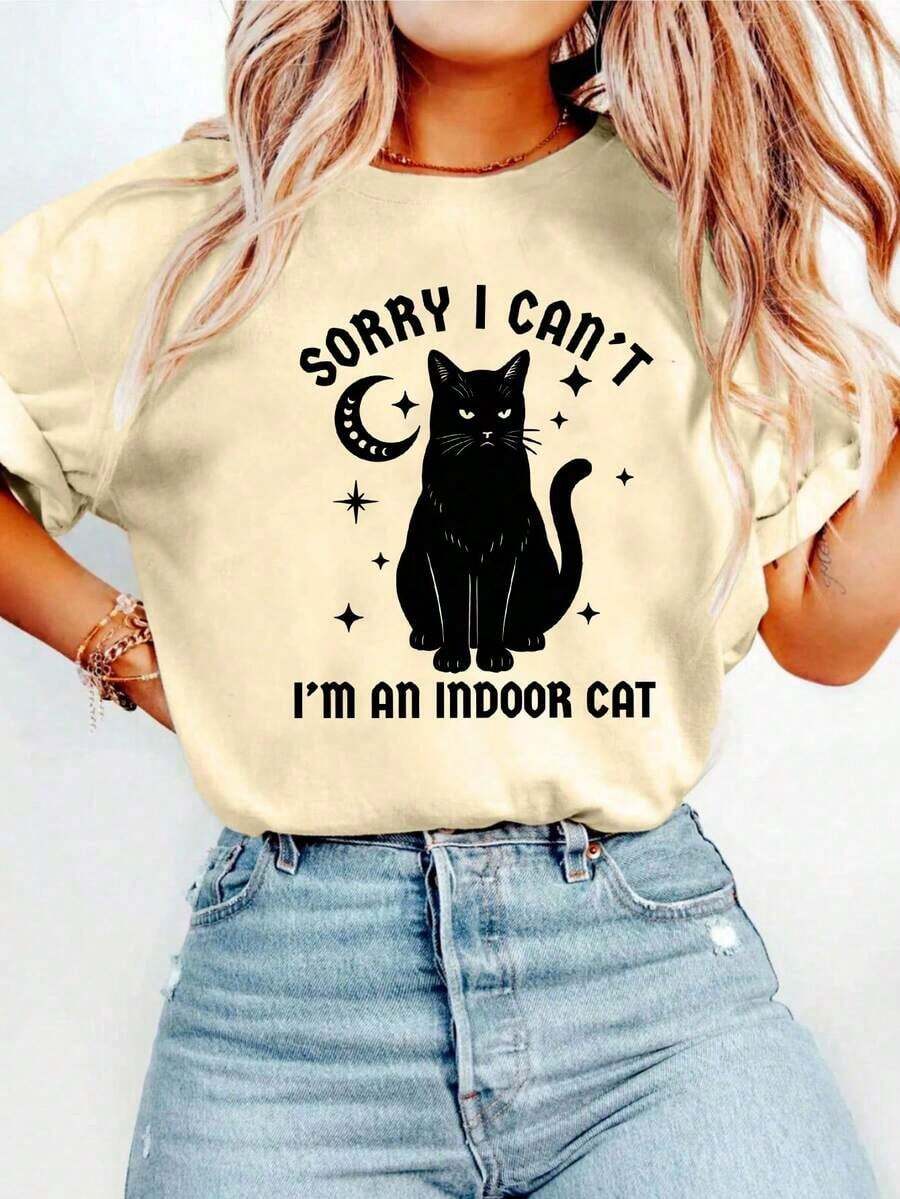 Camiseta Casual de Manga Corta con Cuello Redondo y Estampado de Gato Gótico para Mujer, Perfecta para Primavera y Verano. Adecuada para primavera, verano y otoño. - Albaricoque - Ver 1