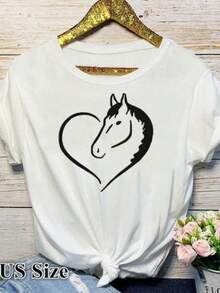 Camiseta amarilla con estampado de corazón en forma de caballo para mujer, manga corta, cuello redondo, holgada, camiseta de moda de verano para damas, ropa. - Blanco - Ver 1