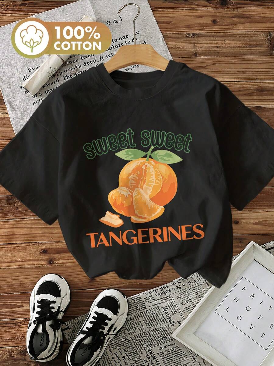 Camiseta de algodón puro de manga corta y cuello redondo con estampado de hojas de naranja de estilo fresco y dulce, blusas para mujer. - Negro - Ver 1