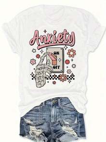 Women's Fashion T-Shirt With Mental Health Design, Skeleton Hand Print With "Anxiety" Label, Breathable And Comfortable, Short Sleeve, Soft Cotton Crew Neck, Ideal For Casual Outings And Retro Looks - 白色 - 查看 7