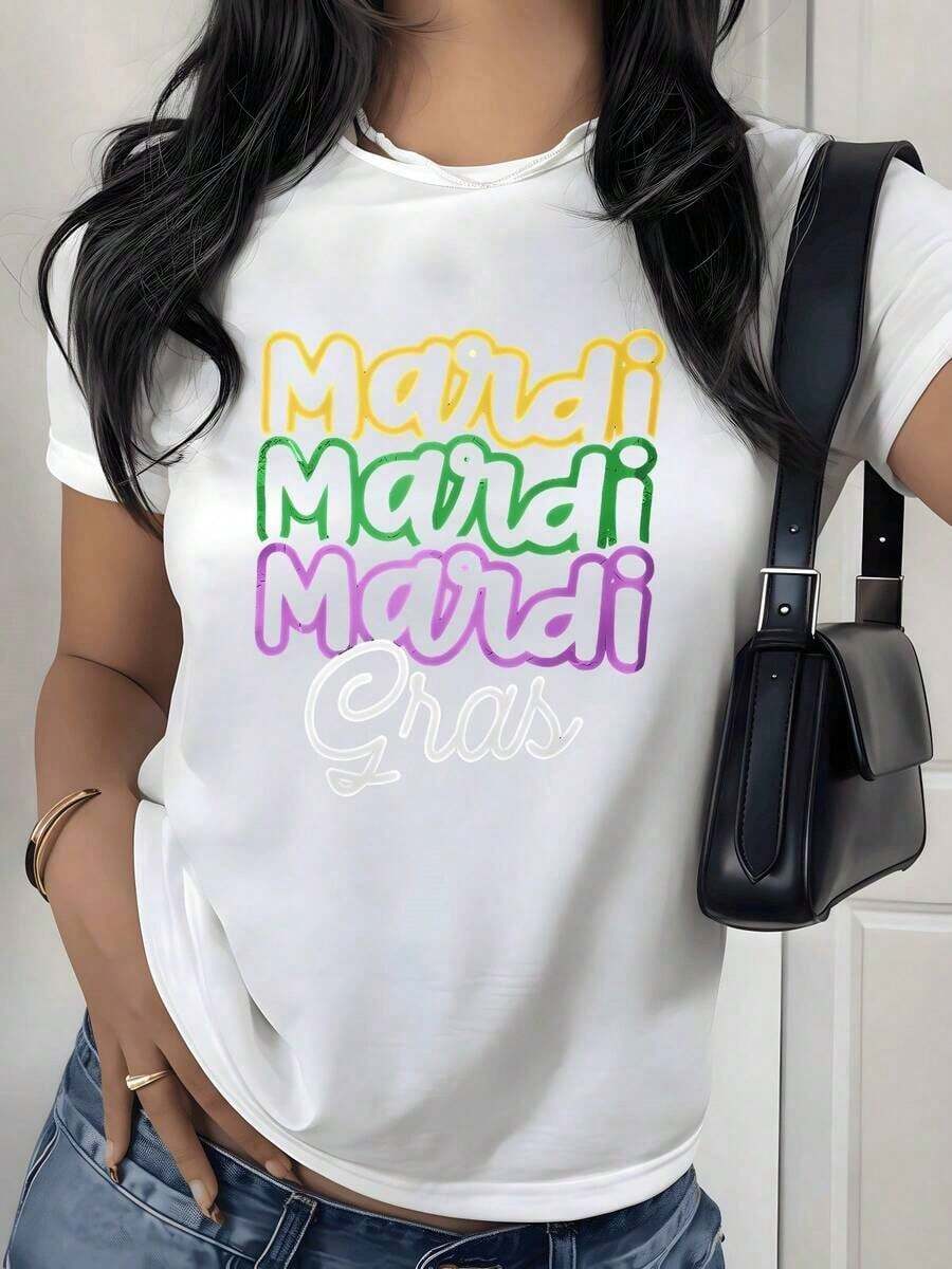 Mardi Gras Festival Graphic Print T-Shirt, 180g, 1 Piece, Colorful Letters, Women's Casual T-Shirt 100% Cotton, Streetwear Style - 白色 - 查看 1