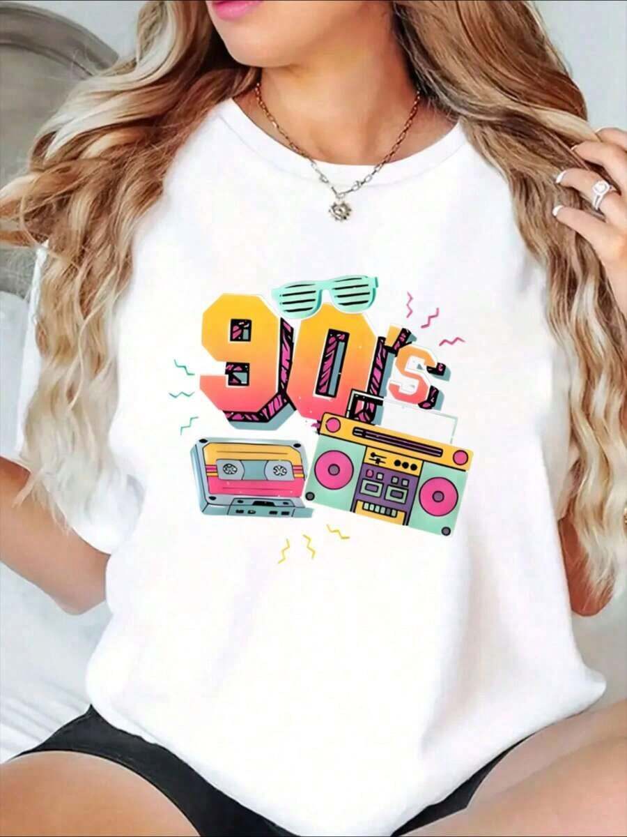 90s Retro Party T-Shirt With Boombox And Cassette Tape Design For A Nostalgic Style - Vintage Street Style, Unisex, Cotton, Short Sleeve, Crew Neck, 100% Cotton. - 白色 - 查看 1