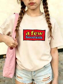 Tween Girls Casual Printed Round Neck Short Sleeve T-Shirt, Summer Top - Apricot - View 2