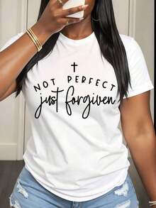 Camiseta Casual para Mujer con Estampado de Cruz "No Perfecta, Solo Perdona", Declaración de Fe Cristiana, para Uso Diario y Eventos Religiosos - Blanco - Ver 1
