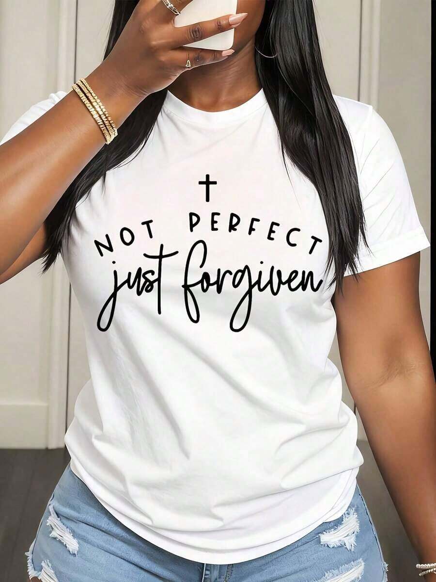 Camiseta Casual para Mujer con Estampado de Cruz "No Perfecta, Solo Perdona", Declaración de Fe Cristiana, para Uso Diario y Eventos Religiosos - Blanco - Ver 1