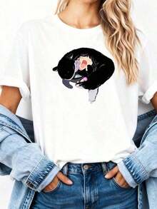 Cartoon Graphic Print T-Shirt, Harajuku Japanese Anime Style, Casual Short-Sleeve T-Shirt, Plus Size For Women - 100% Cotton. Suitable For Versatile Casual Wear In Spring, Summer, And Autumn. | Exquisite Design | Loose And Comfortable | Easy To Match | - 白色 1 - 查看 2