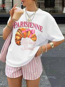 Women's Cotton T-Shirts. Women's T-Shirt With A Fun Croissant Print For Baking Desserts, Ideal For Holidays, Parties And Casual Wear >Clothing - 白色的 - 查看 7