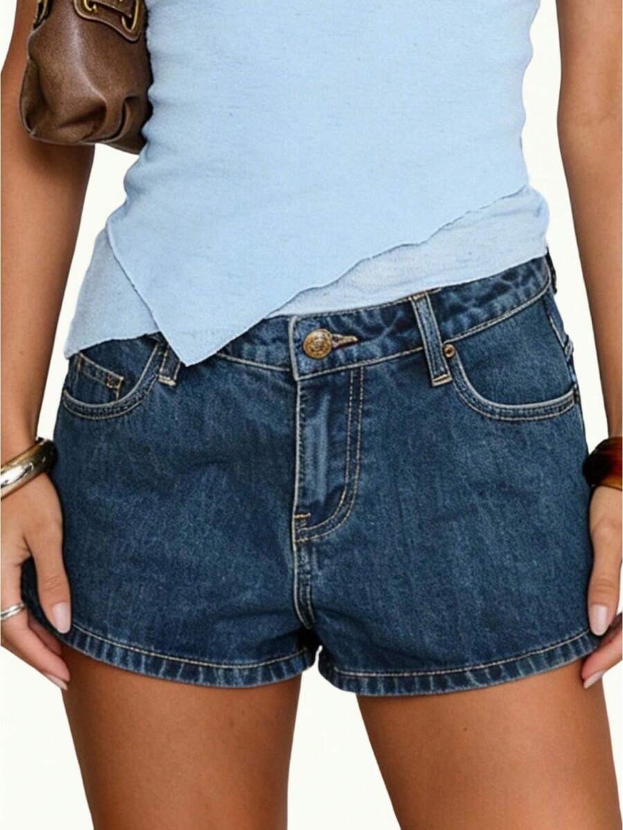 Women's Mini Denim Shorts Summer Fashionable Solid Color Low Rise Jeans Shorts With Pockets - Blue - View 1