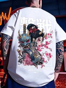 Black T-Shirt With A Japanese Samurai And Geisha Design In Ukiyo-E Style. Suitable For Spring And Summer, This T-Shirt Is A Casual And Stylish Short-Sleeved Top. - 白色 - 查看 6