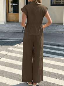Conjunto informal de verano de 2 piezas de algodón de unicolor elegante para mujer Just Masa, incluye blusa holgada de manga corta con cuello vuelto y pantalones de pierna ancha con cintura elástica, adecuado para vacaciones, viajes, ir al trabajo, citas, playa y uso diario - Marrón - Ver 2