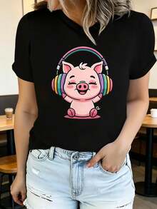 Camiseta de manga corta estampada para mujer con cuello redondo, moderna y casual, lavable a máquina, ajuste cómodo, estampado plano 2D, Blusas Para Mujer Casual 2D. - Negro_07 - Ver 7