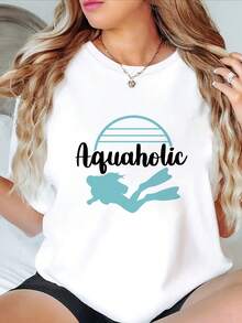 1 camiseta casual de manga corta y cuello redondo para mujer con estampado de buceo, tela suave y transpirable, 180g, 100% algodón. - Blanco - Ver 1