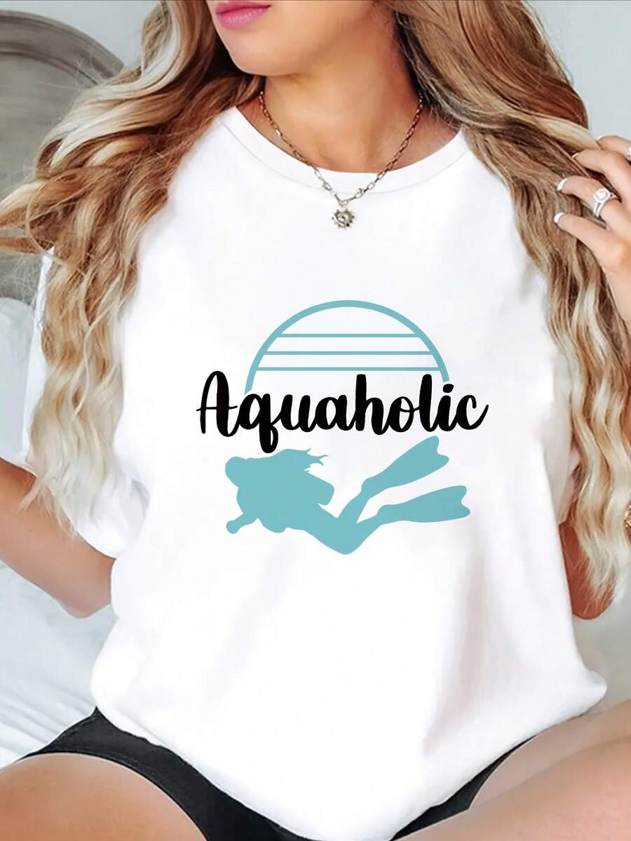 1 camiseta casual de manga corta y cuello redondo para mujer con estampado de buceo, tela suave y transpirable, 180g, 100% algodón. - Blanco - Ver 1