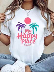 Camiseta moderna y minimalista para mujer "My Happy Pla ARUBA" con temática de Aruba, decoración con eslogan de palmeras, mangas cortas casuales, estilo vacacional suave en tonos rosa y morado, top de viaje de Aruba para uso diario informal. - Blanco - Ver 1