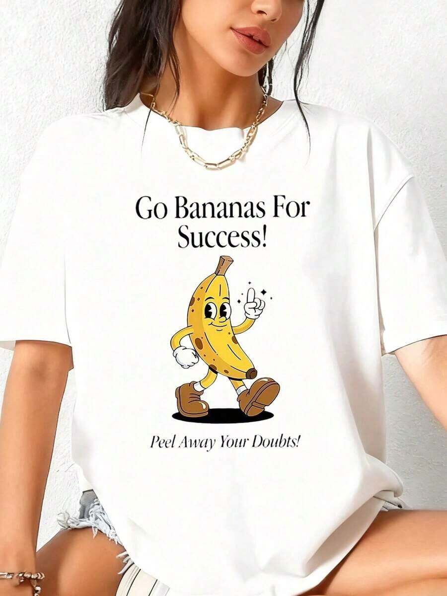 1 Piece Women's Funny Banana Graphic T-Shirt - "Let's Fruit For Success" And "Eliminate Your Doubts" - Casual Long Sleeve Crew Neck T-Shirt - Soft And Stretchy Fabric - For All Seasons - 180g 100% Cotton - 白色 3 - 查看 1