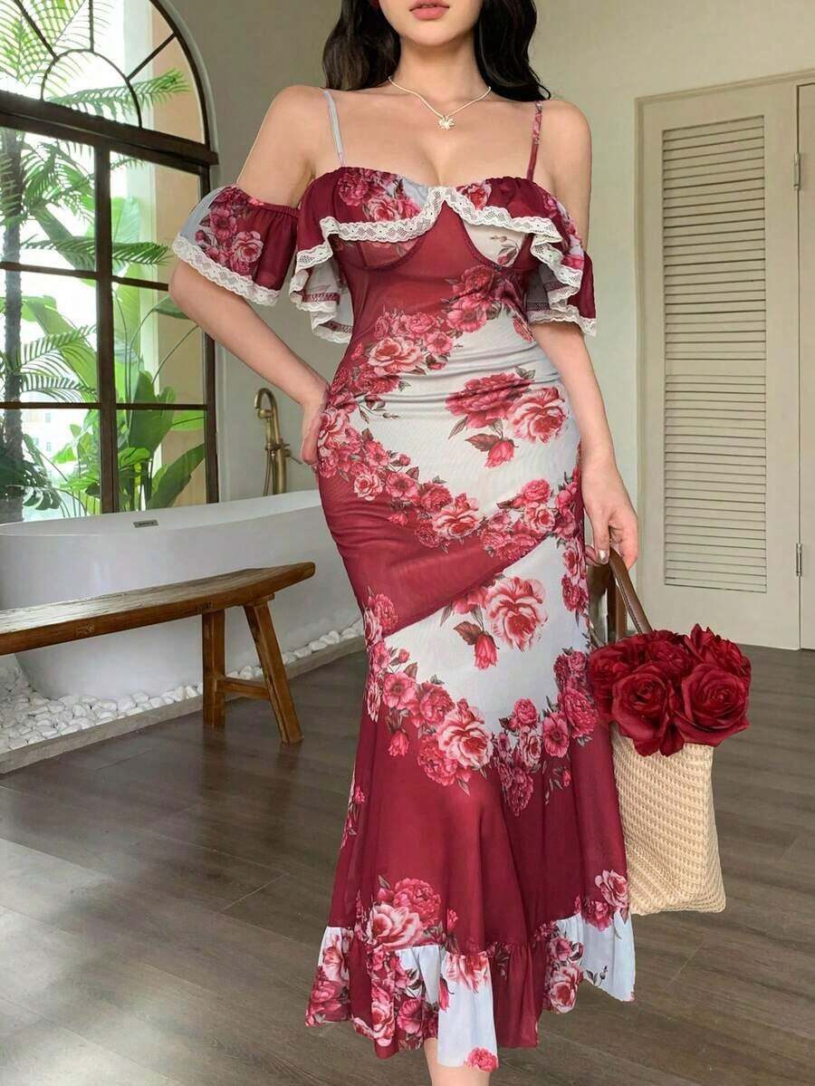 Vestido de verano para mujer con tirantes finos, escote hombros descubiertos, encaje floral y parches, ajustado a la cintura, estilo elegante y de resort - Rojo - Ver 1