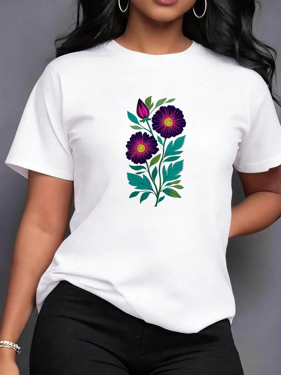 ¡Oferta por tiempo limitado, unidades limitadas, relámpago! Camisas casuales para mujer, camisetas de poliéster para mujer, camisas elegantes.Camisetas de verano casuales de manga corta para mujer, flores moradas con hojas verdes, uso diario y agradable para la piel | Top para mujer | Top ligero de verano - Blanco - Ver 1