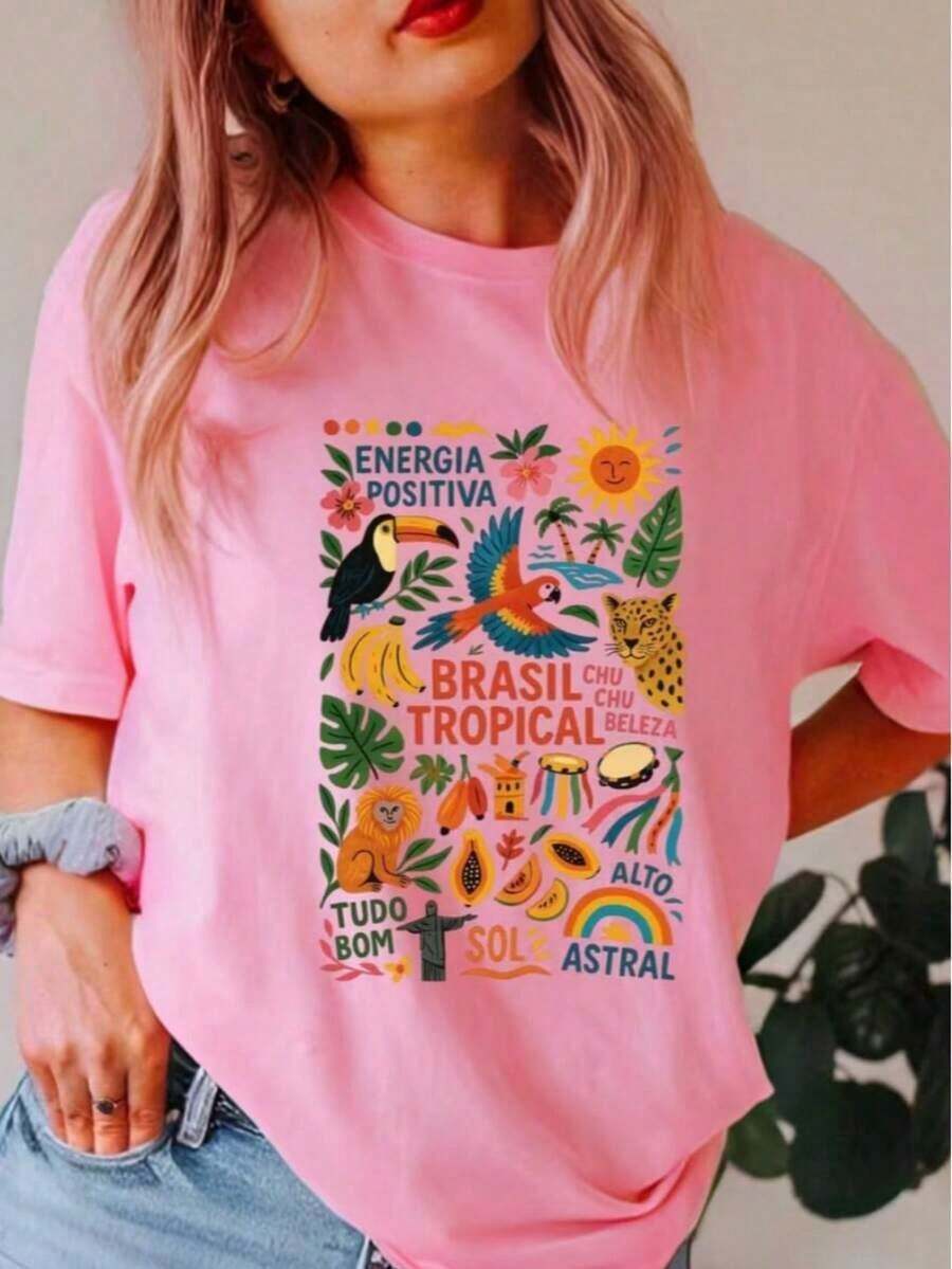 1 pieza Camia Cómoda para Uso Diario, Modelo Especial: Tropical Brasil – 100% Algodón, Moda de Verano con Corte Regular, 180g, 100% Algodón - Negro - Ver 1