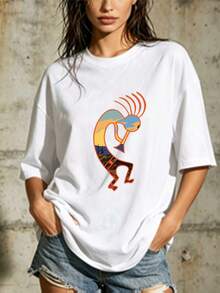 Camiseta de Mujer de 180G con Diseño Kokobelli Suave |   Camiseta con estampado de diseño  único |   El regalo perfecto para una reunión familiar en Pascua. |   Cómodo y elegante, adecuado para uso casual. |   Camiseta de verano | Diseño exquisito |   Suelto y cómodo |   Fácil de combinar | - Blanco - Ver 1