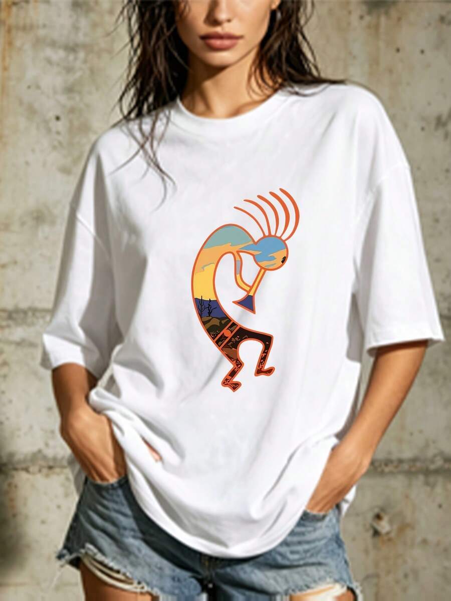Camiseta de Mujer de 180G con Diseño Kokobelli Suave |   Camiseta con estampado de diseño  único |   El regalo perfecto para una reunión familiar en Pascua. |   Cómodo y elegante, adecuado para uso casual. |   Camiseta de verano | Diseño exquisito |   Suelto y cómodo |   Fácil de combinar | - Blanco - Ver 1