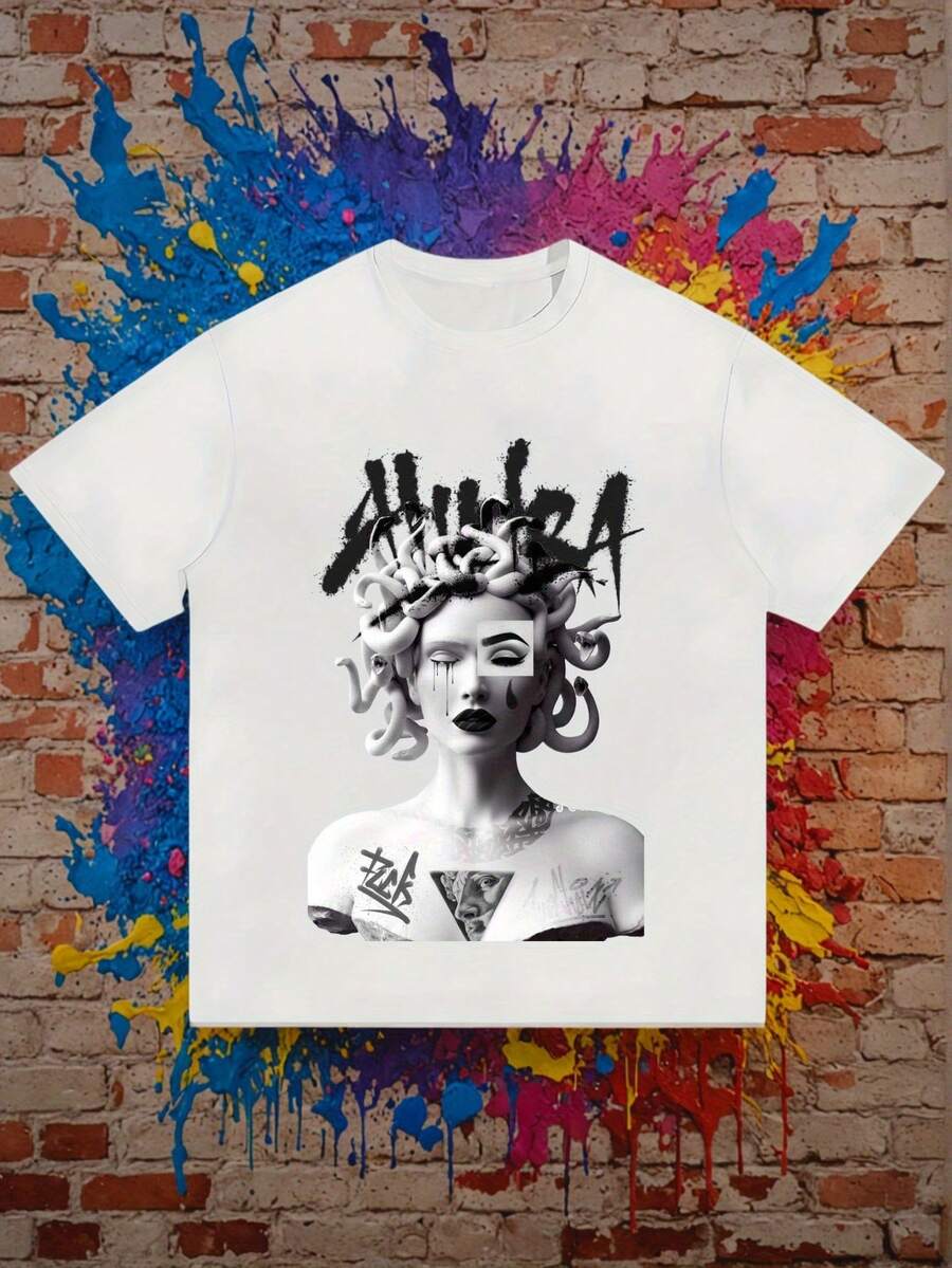 Camiseta gráfica de cuello redondo para hombre, hecha de algodón puro, estampada con la palabra "Hustla" y un diseño de retrato audaz, estilo urbano, adecuada para usar en primavera, verano, otoño e invierno, cómoda y lavable a máquina, camiseta gráfica divertida, blusas para mujer, blusas elegantes dama. - Blanco - Ver 1