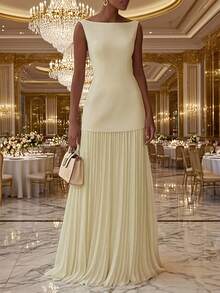 Summer Dresses For WomenWomen'S Solid Color Round Neck Sleeveless Patchwork Pleated Long Dress 2025 French Elegant Dress Temperament Fashionable Date - 黃色 - 查看 12