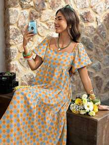 Vestido largo con cuello cuadrado, mangas abullonadas y estampado a cuadros amarillo y verde - Estilo bohemio retro para vacaciones, salidas diarias y uso casual, vestido de primavera y verano para mujer - Multicolor 4 - Ver 11