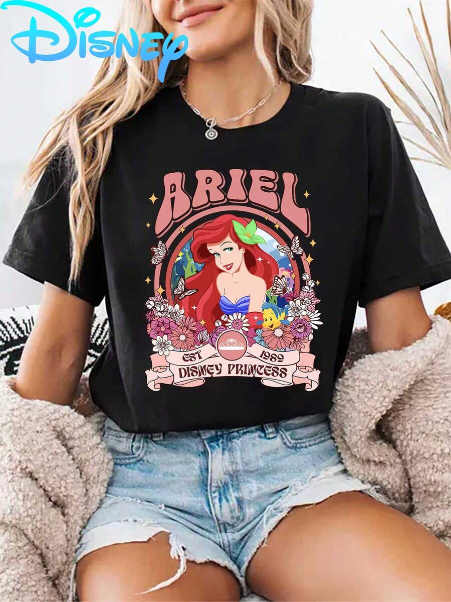 DISNEY Women's  For Ariel T-Shirt - Retro Princess Short Sleeve Crew Neck Top With Ariel & Flounder Print, Soft Breathable Summer Casual Wear Suitable For, Everyday Outfits, Themed Parties, Machine Washable Disney Apparel - màu đen - Xem 1
