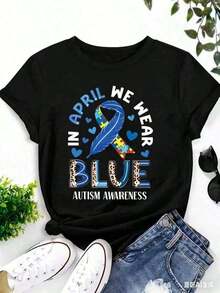 Usamos camisetas estampadas en azul para promover la conciencia sobre el autismo, camisetas casuales de manga corta y cuello redondo, ropa de mujer% algodón. - Negro - Ver 3