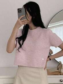 Top de punto casual corto de manga corta y cuello redondo de unicolor ajustado y corto para mujer, verano - Rosa - Ver 1