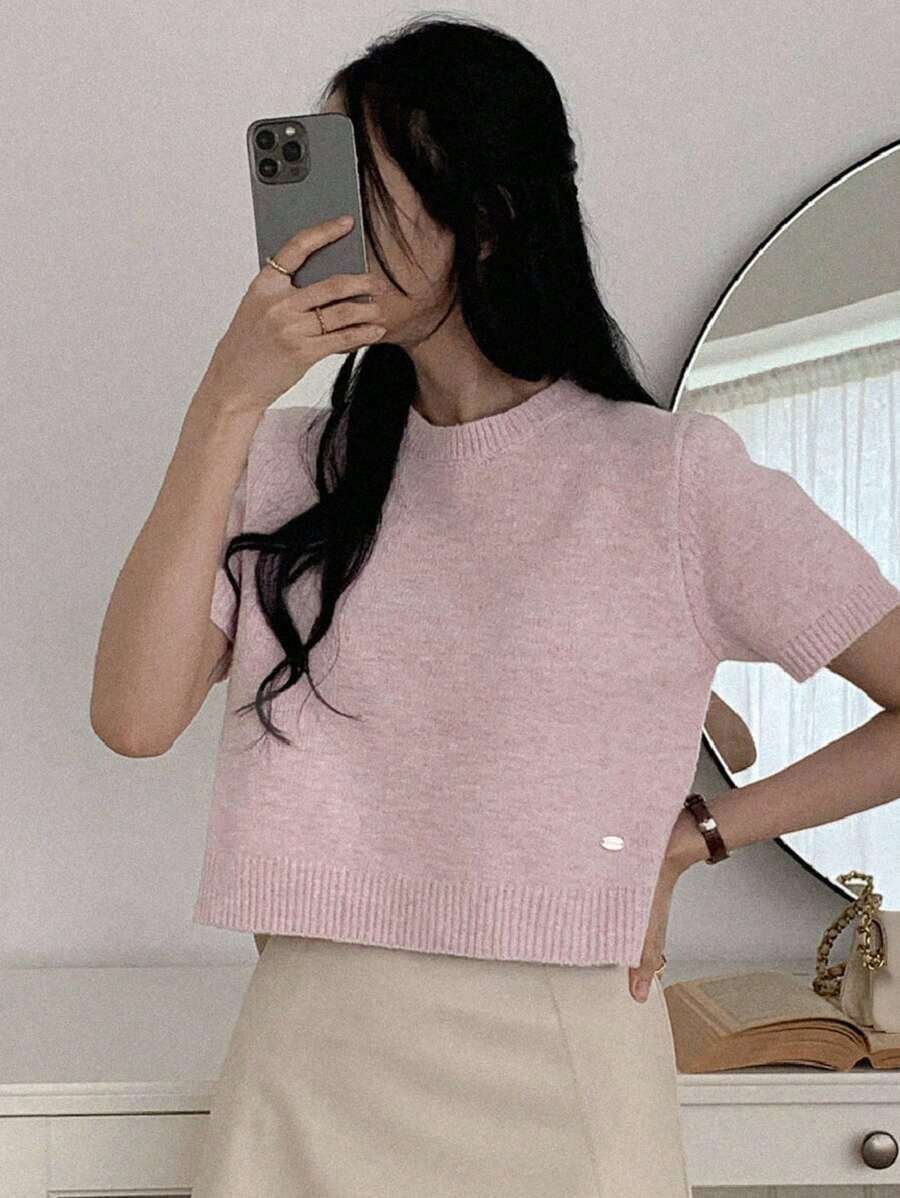 Top de punto casual corto de manga corta y cuello redondo de unicolor ajustado y corto para mujer, verano - Rosa - Ver 1