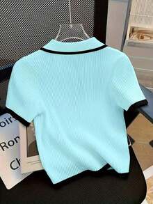 Blusa de punto de manga corta con cuello de contraste de color, adecuada para verano, primavera, otoño e invierno, elegante blusa de dama para playa y resort - Azul - Ver 2