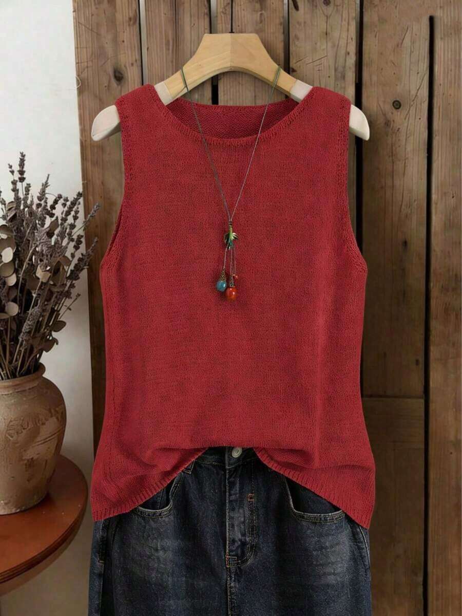Chaleco de punto de unicolor para mujer, estilo japonés retro para capas, corto y casual para verano y vacaciones, versátil, adecuado para primavera, verano, principios de otoño, ir al trabajo, minimalista retro, festival de música colorido, escuela, top sin mangas - Rojo - Ver 1