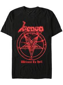 Camiseta de fabricación, camiseta negra para hombre, Bienvenido al infierno, diablo, pentagrama estampado, rock, metal, música, logotipo de banda, diseño casual de verano, estilo gótico para hombres y camisetas de moda de manga corta con cuello redondo para hombres - Negro - Ver 2