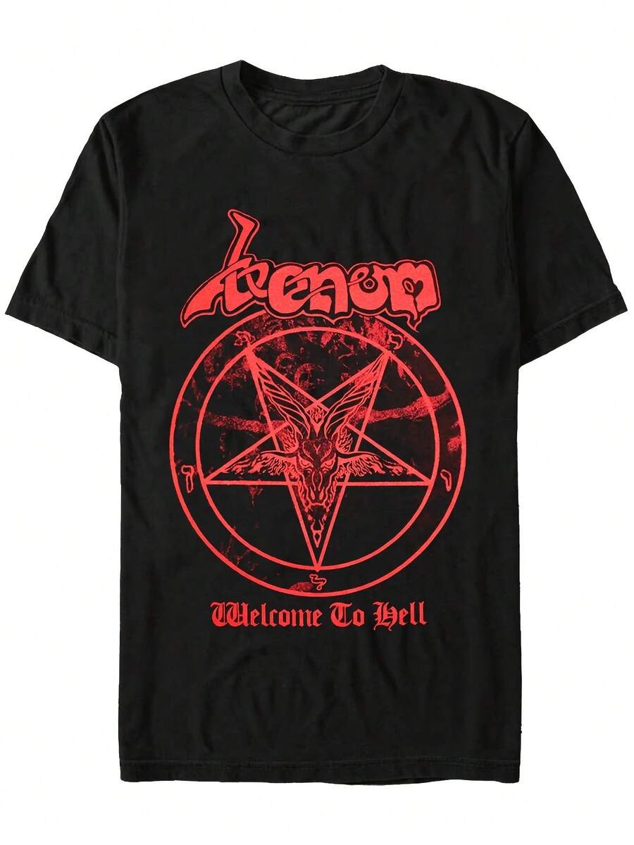 Camiseta de fabricación, camiseta negra para hombre, Bienvenido al infierno, diablo, pentagrama estampado, rock, metal, música, logotipo de banda, diseño casual de verano, estilo gótico para hombres y camisetas de moda de manga corta con cuello redondo para hombres
