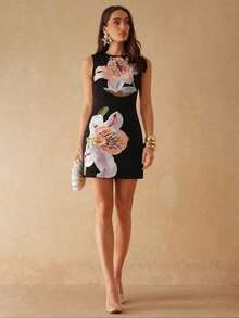 Vestido mini elegante de mujer con cuello redondo, ajustado, sin mangas y con decoración floral 3D - Negro - Ver 1