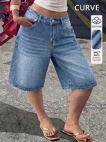 Plus Size Bermuda Shorts With Light Wash, Straight Leg Design With Pockets And Zipper, Stylish Look Casual Summer - Medium Wash - View 2
