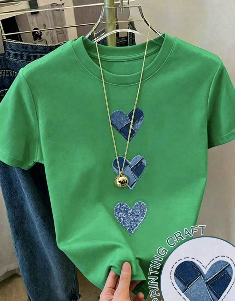 Camiseta con estampado de camisa casual para mujer, manga corta y cuello redondo, moda urbana local de primavera/verano.-Vintage Street Style Unisexoose Cotton Short Sleeve Crew Neck T-Shirt - Verde - Ver 1