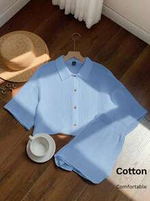 de 2 piezas de blusa y pantalón corto de mujer con estampado de biología marina de tela de bambú, nueva colección Primavera/Verano 2026.Ideal para invierno, Pascua, fiesta, playa, boda, graduación, elegante, casual, vacaciones, depor - Azul - Ver 3