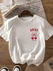 Camiseta de manga corta con estampado frontal y trasero, tema de cerezas para novias, top casual moderno para mujer, ideal para el aniversario de bodas de 2026, camiseta casual de manga corta con cuello redondo, para verano y primavera, ropa de mujer 100% algodón. - Blanco - Ver 3