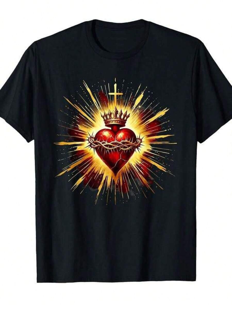 Camiseta religiosa católica para hombres - Camiseta gráfica del Sagrado Corazón de Jesús con corona de espinas, camiseta negra de cuello redondo para la iglesia, atuendo casual - Ropa cristiana de uste cómodo para todas las estaciones, moda espiritual, diseño de impresión audaz, impresión de alta calidad, ropa bas en la fe, comunidad de fe 100% Algodónblusas para mujer playeras de mujer vestidos casuales para mujer y2k playeras deportivas para mujer verano camisetas ropa de mujer Fashion Perfect For Daily - Negro - Ver 1