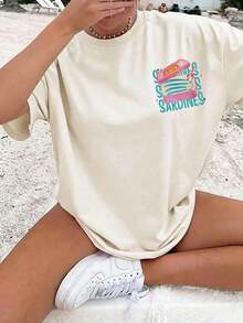Camiseta de manga corta con cuello redondo y estampado de sardinas, talla grande, de alta elasticidad, corte regular, estilo casual de verano, 100% algodón. - Albaricoque - Ver 2
