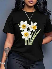 Camiseta Holgada para Mujer de Talla - Blusa Casual Blanca para Uso Diario con Diseño Floral, Transpirable y Cómoda, Adecuada para el Hogar y Salidas - Camiseta Vintage de Estilo Urbano Unisex de Algodón, Manga Corta y Cuello Redondo - Negro - Ver 1