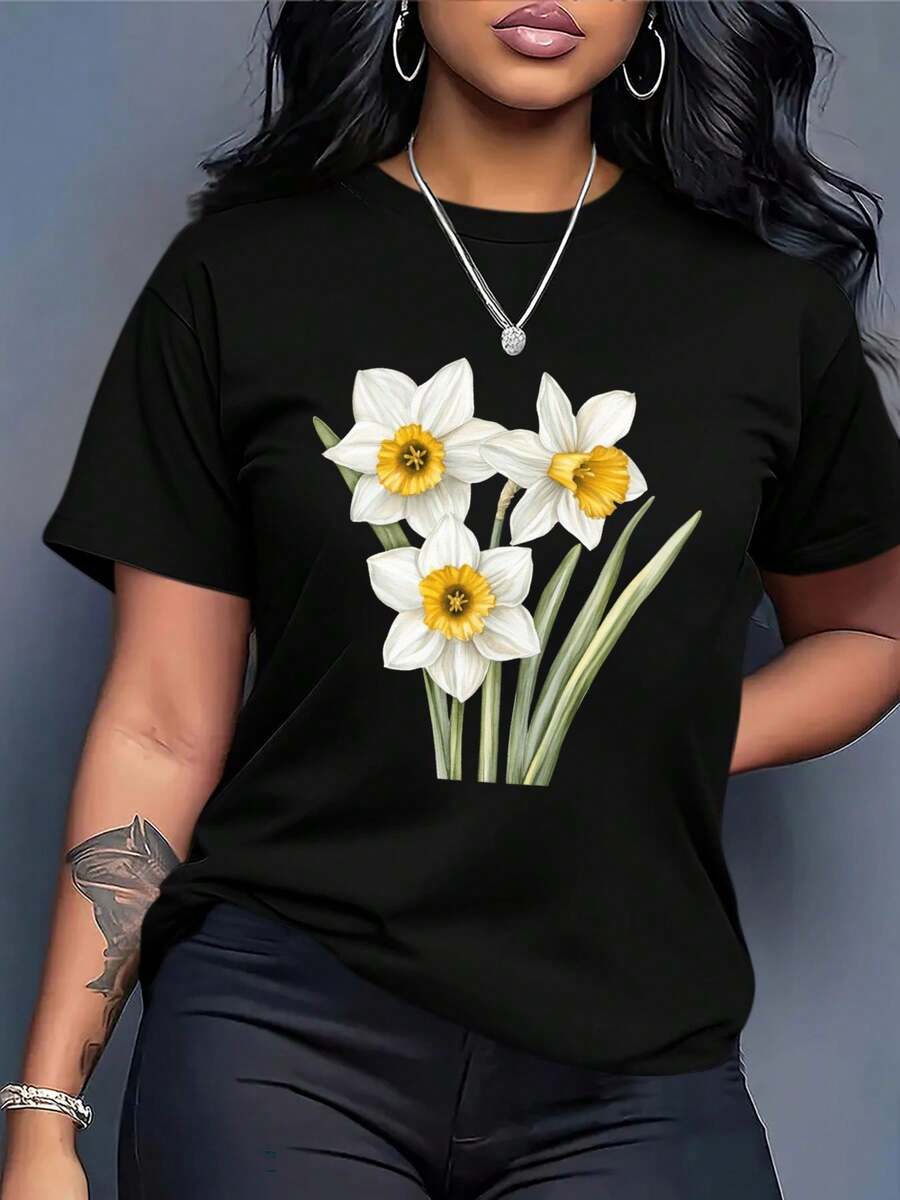 Camiseta Holgada para Mujer de Talla - Blusa Casual Blanca para Uso Diario con Diseño Floral, Transpirable y Cómoda, Adecuada para el Hogar y Salidas - Camiseta Vintage de Estilo Urbano Unisex de Algodón, Manga Corta y Cuello Redondo - Negro - Ver 1