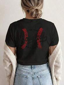 Camisetas de Verano [Estampado de Doble Cara] Camiseta de Mujer, de Manga Corta y Cuello Redondo, Estilo Casual, con Costuras de Béisbol y el Texto "LIVIN' THAT MOM LIFE", Lavable a Máquina, Adecuada para Uso Casual, Ropa Multiusos, Camiseta a la Moda, Material Cómodo, Para Entusiastas del Estilo, Holgada y Cómoda para el Verano. - Negro - Ver 2