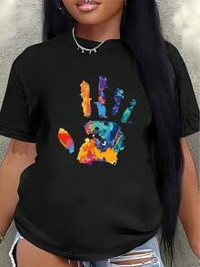 Camiseta de manga corta de poliéster, con diseño colorido de huellas de manos, ligera y duradera, adecuada para uso casual en casa o en restaurantes, cómoda y ajustada para el uso diario.blusa casual mujer - Negro - Ver 7