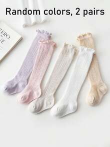 2/5 Pairs Baby Socks, Solid Color Ruffle Trim Over-The-Knee Socks, Lightweight Breathable Summer, Suitable For 0-5 Years Old Daily Wear, Random Color 2 Pairs - Multicolor - View 12